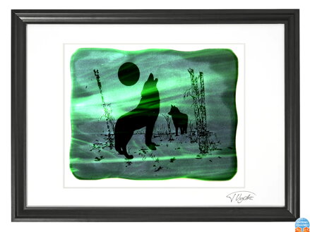 Wolf - grüne Glasmalerei in schwarzem Rahmen 50 x 70 cm (Passepartout 40 x 50 cm)